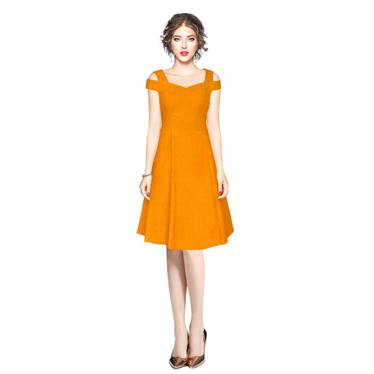 Indoraa Women's Polyester Solid V Neck Cap Sleeve off Shoulder Dress (Yellow)