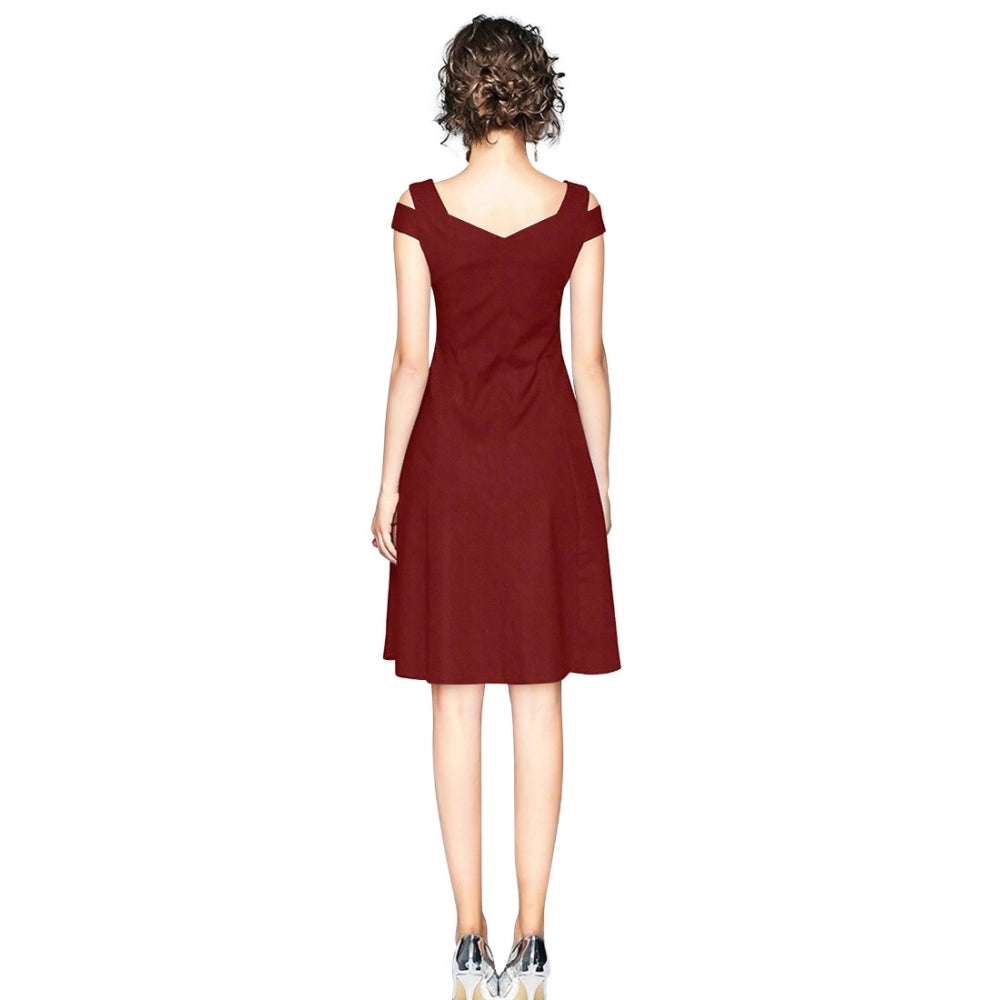 Indoraa Women's Polyester Solid V Neck Cap Sleeve off Shoulder Dress (Maroon)