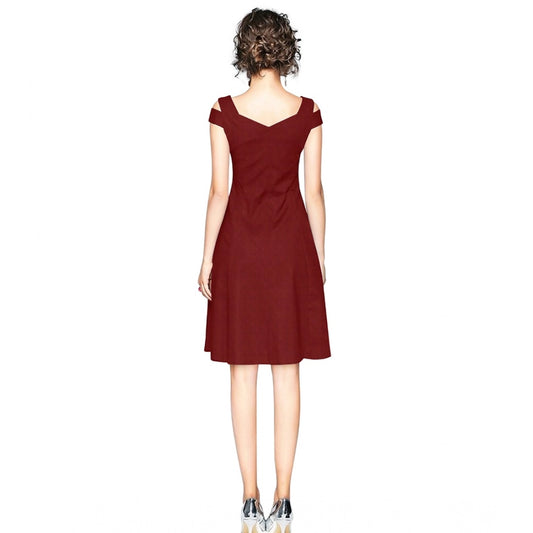 Indoraa Women's Polyester Solid V Neck Cap Sleeve off Shoulder Dress (Maroon)