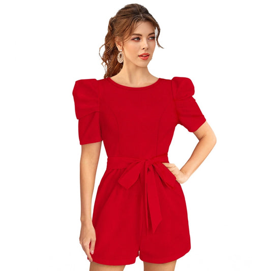 Indoraa Women's Knitting stretchable Solid Round Neck 3-4 Puff Sleeve Dress (Red )