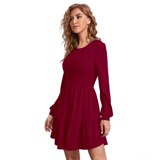 Indoraa Women's Knitting stretchable Solid Round Neck Full Sleeve Dress (Maroon)
