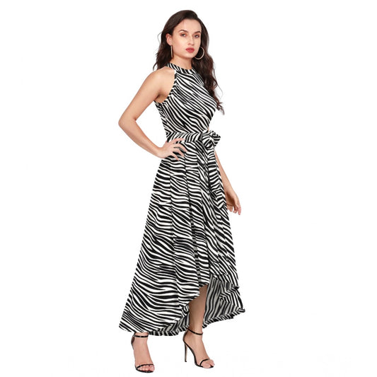 Indoraa Women's Polyester Zebra Pattern Halter Neck Sleeveless Dress (White)