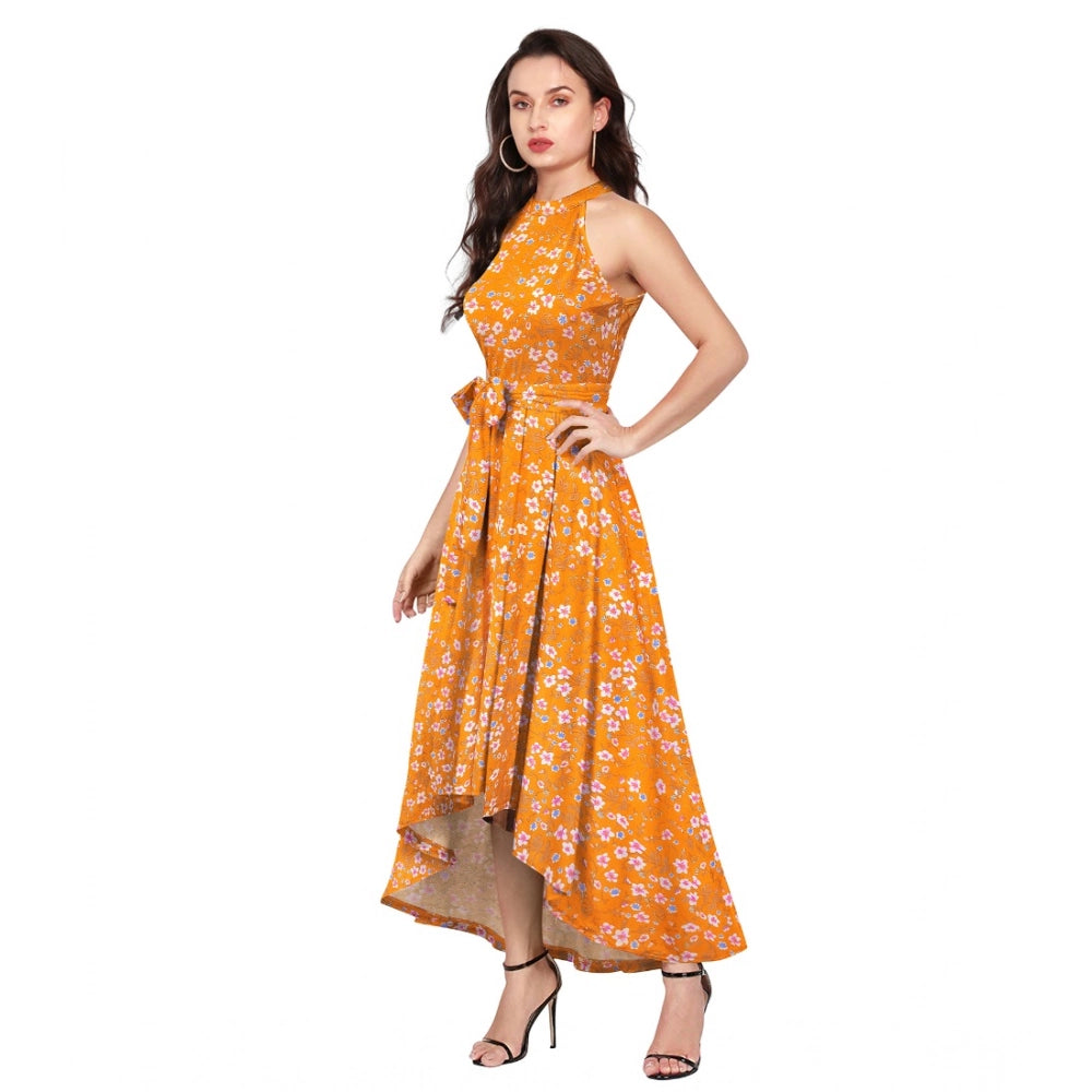 Indoraa Women's Polyester Printed Halter Neck Sleeveless Dress (Yellow)