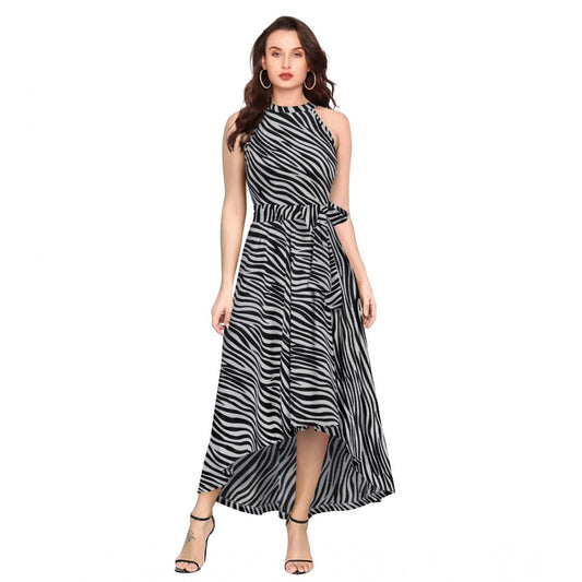 Indoraa Women's Polyester Zebra Pattern Halter Neck Sleeveless Dress (Navy Blue)