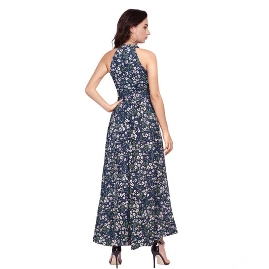 Indoraa Women's Polyester Printed Halter Neck Sleeveless Dress (Blue)