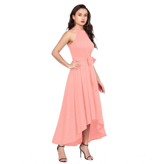 Indoraa Women's Polyster Solid Halter Neck Sleeveless Dress (Peach)