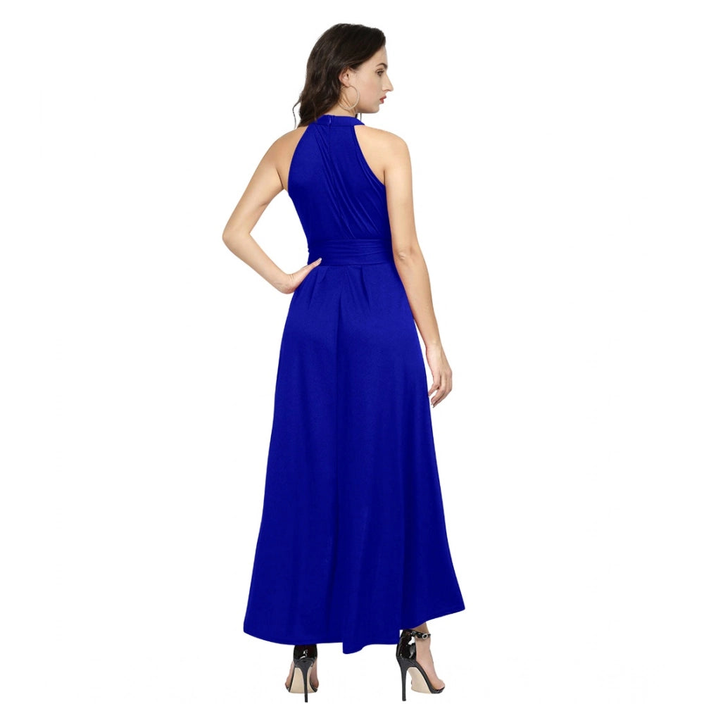 Indoraa Women's Polyster Solid Halter Neck Sleeveless Dress (Royal Blue)