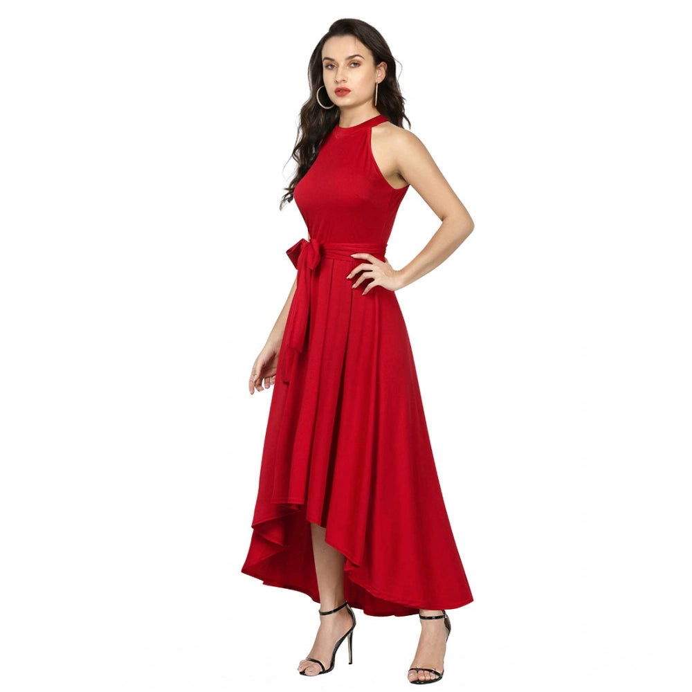 Indoraa Women's Polyster Solid Halter Neck Sleeveless Dress (Red)