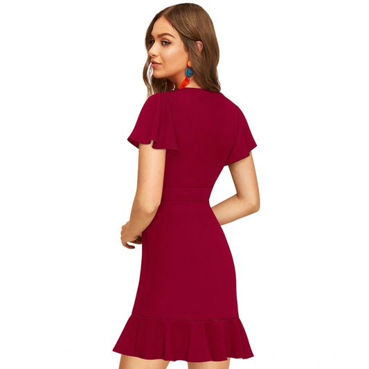 Indoraa Women's Knitting stretchable Solid V Neck Flaired Sleeve Dress (Maroon )