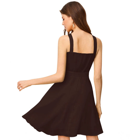 Indoraa Women's Knitting stretchable Solid Halter Neck Sleeveless Dress (Coffee)
