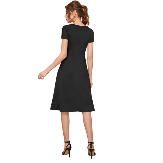 Indoraa Women's Knitting stretchable Solid Round Neck Cap Sleeve Dress (Black)