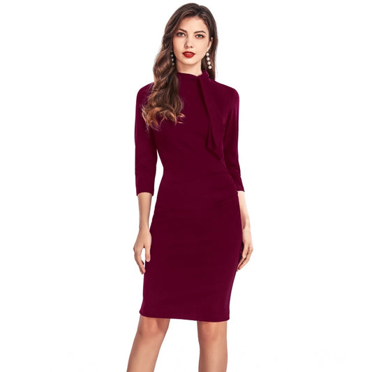 Indoraa Women's Knitting stretchable Solid Round Neck 3-4th Dress (Maroon)