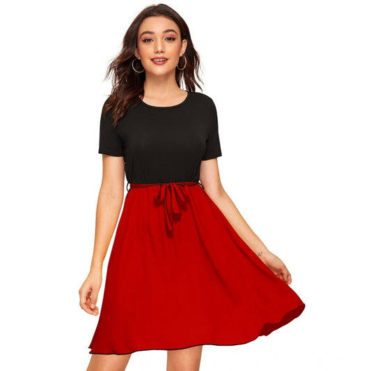 Indoraa Women's Knitting stretchable Solid Round Neck Cap Sleeve Dress (Red)
