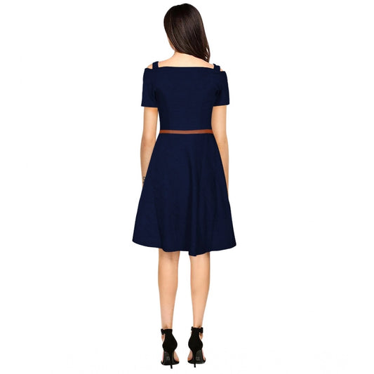 Indoraa Women's Polyester Solid V Neck Cap Sleeve Dress (Blue)