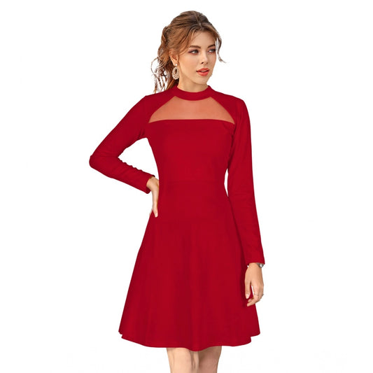 Indoraa Women's Knitting stretchable Solid Round Neck Full Sleeve Dress (Red)
