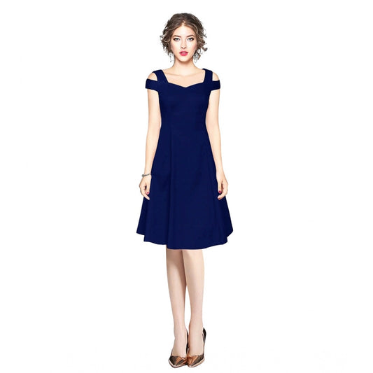 Indoraa Women's Polyester Solid V Neck Cap Sleeve off Shoulder Dress (Blue)