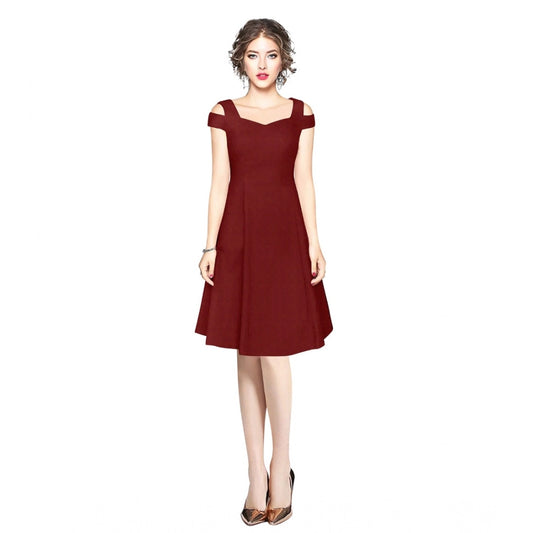 Indoraa Women's Polyester Solid V Neck Cap Sleeve off Shoulder Dress (Maroon)