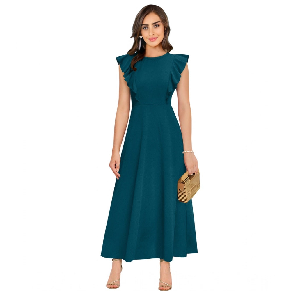 Indoraa Women's Knitting stretchable Solid Round Neck Ruffled Sleeve Dress (Morpich)