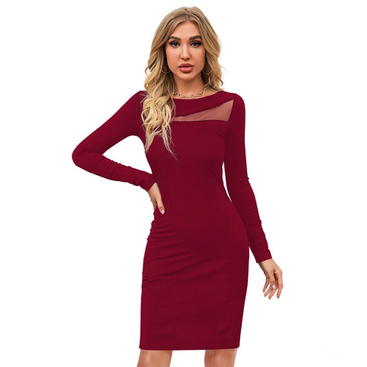 Indoraa Women's Knitting stretchable Solid Round Neck Full Sleeve Dress (Maroon)