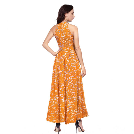 Indoraa Women's Polyester Printed Halter Neck Sleeveless Dress (Yellow)