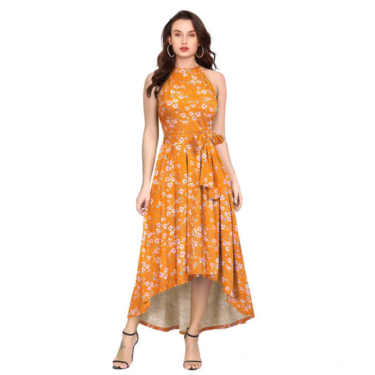 Indoraa Women's Polyester Printed Halter Neck Sleeveless Dress (Yellow)