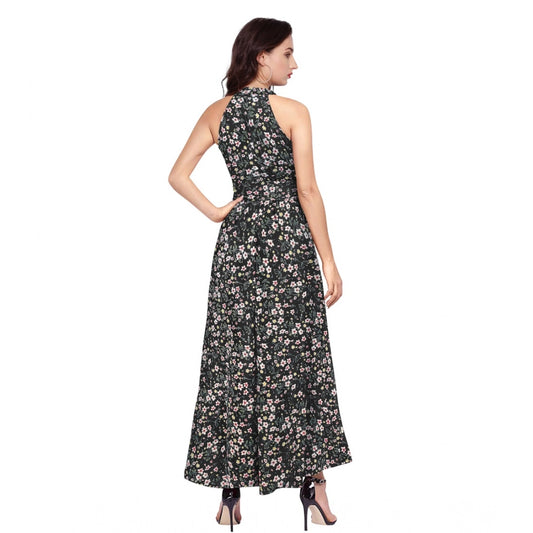 Indoraa Women's Polyester Printed Halter Neck Sleeveless Dress (Black)