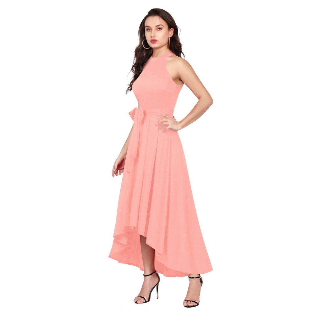 Indoraa Women's Polyster Solid Halter Neck Sleeveless Dress (Peach)