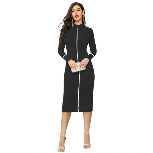 Indoraa Women's Knitting stretchable Solid Round Neck Full Sleeve Dress (Black)