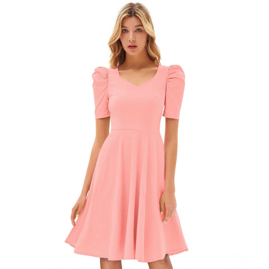 Indoraa Women's Knitting stretchable Solid V Neck Cap Sleeve Dress (Peach)