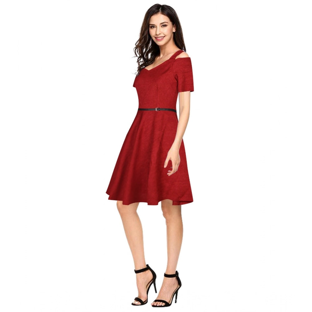 Indoraa Women's Polyester Solid V Neck Cap Sleeve Dress (Maroon)