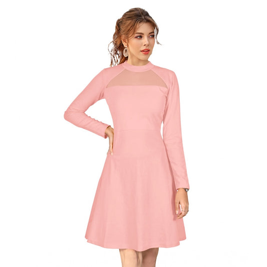 Indoraa Women's Knitting stretchable Solid Round Neck Full Sleeve Dress (Peach)