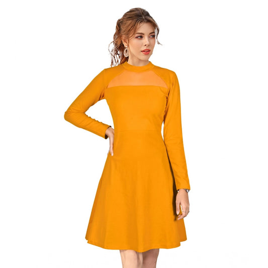 Indoraa Women's Knitting stretchable Solid Round Neck Full Sleeve Dress (Yellow)