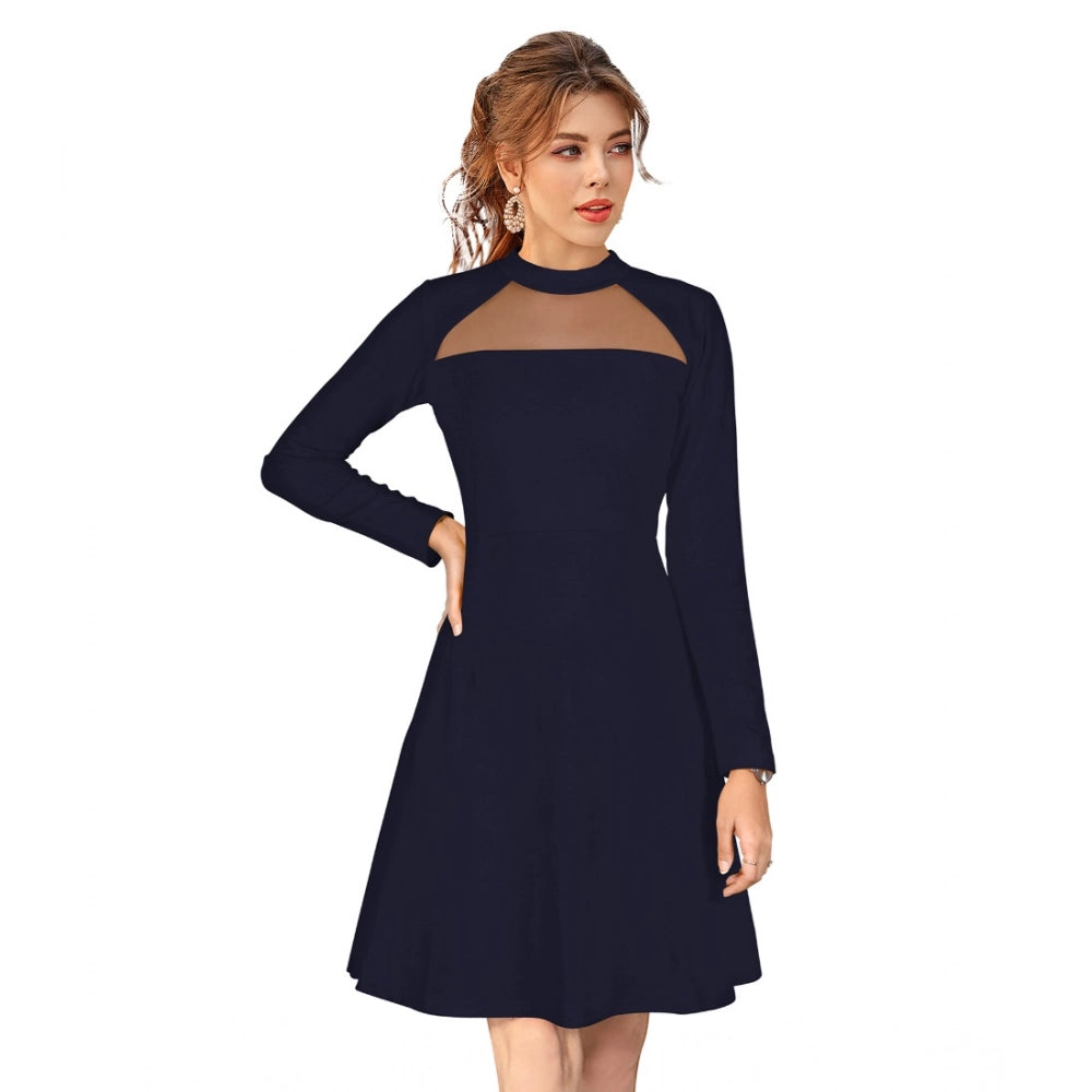 Indoraa Women's Knitting stretchable Solid Round Neck Full Sleeve Dress (Blue)