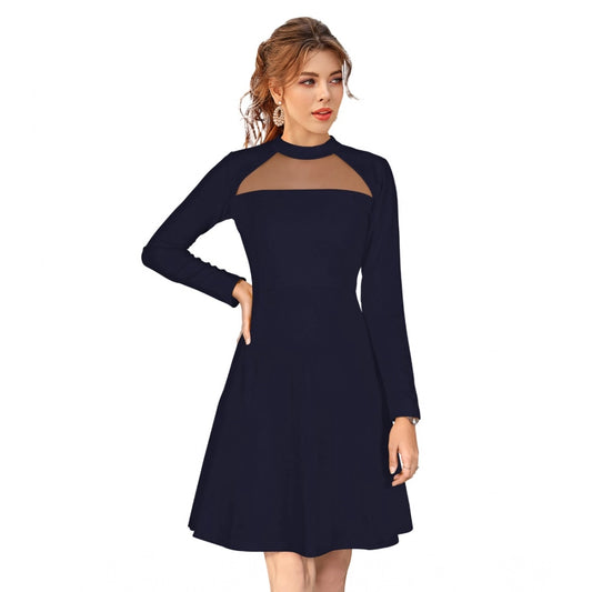 Indoraa Women's Knitting stretchable Solid Round Neck Full Sleeve Dress (Blue)