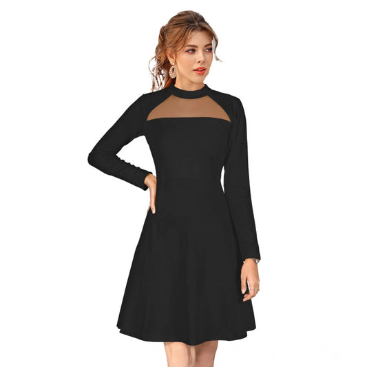 Indoraa Women's Knitting stretchable Solid Round Neck Full Sleeve Dress (Black)