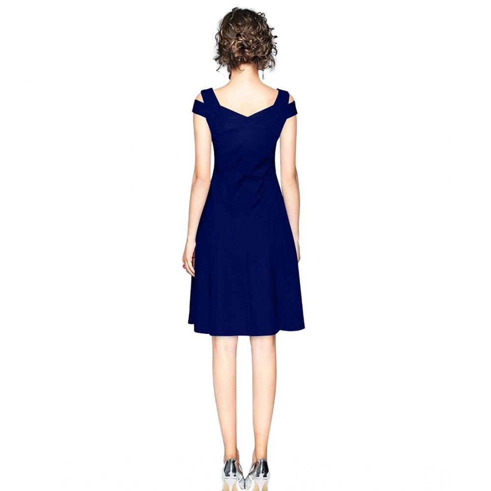 Indoraa Women's Polyester Solid V Neck Cap Sleeve off Shoulder Dress (Blue)