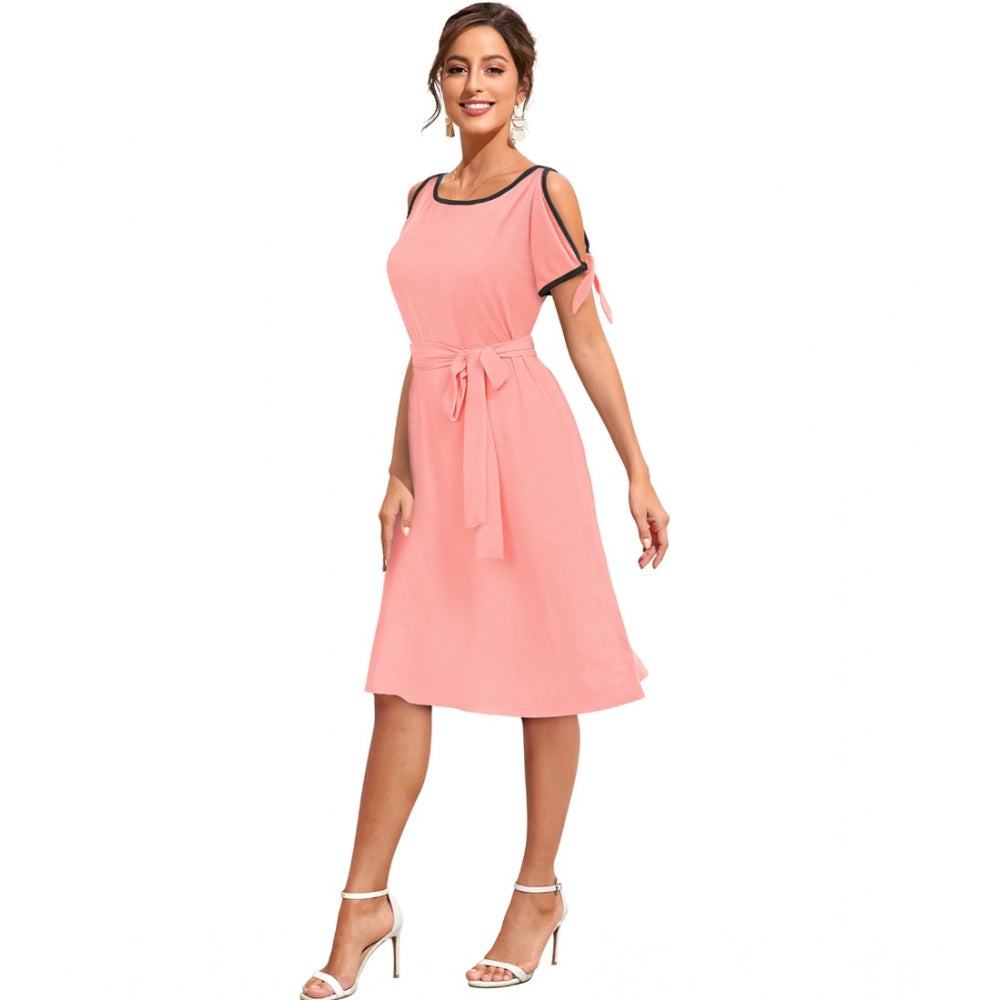 Indoraa Women's Knitting stretchable Solid Round Neck Sleeveless Dress (Peach)