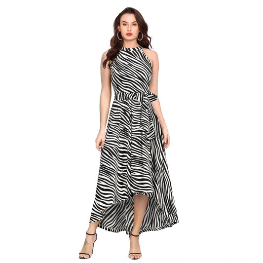 Indoraa Women's Polyester Zebra Pattern Halter Neck Sleeveless Dress (White)