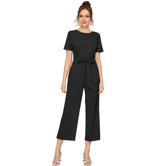 Indoraa Women's Knitting stretchable Solid Round Neck Cap Sleeve Jumpsuit (Black)