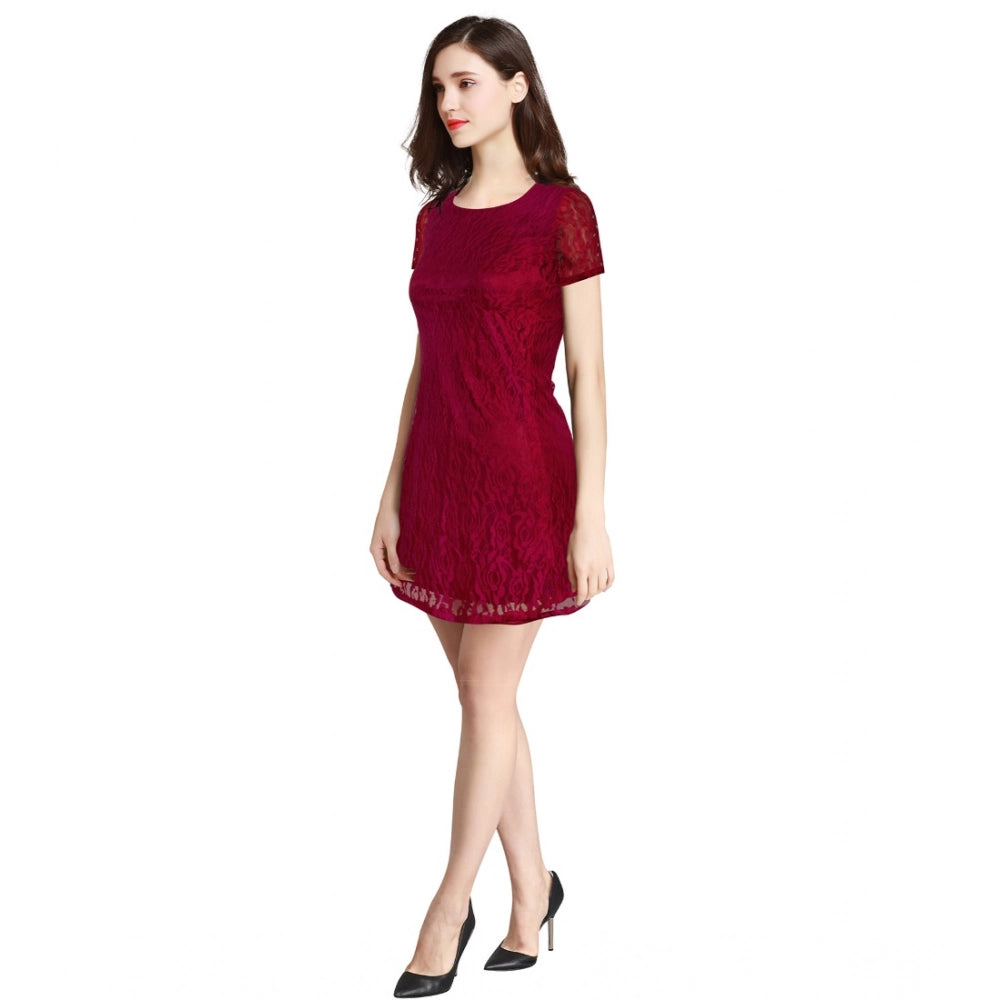 Indoraa Women's Rasal Solid Round Neck Cap Sleeve Dress (Maroon)