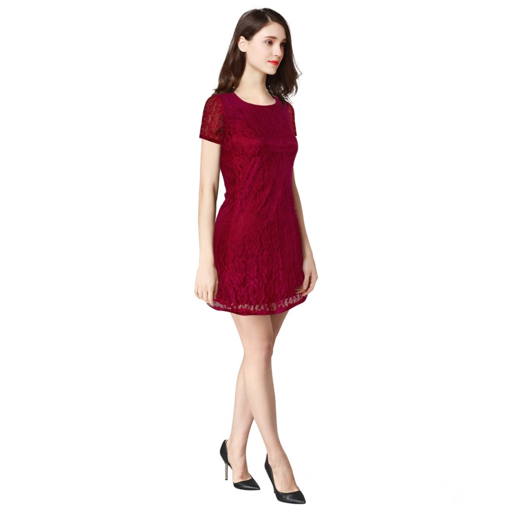 Indoraa Women's Rasal Solid Round Neck Cap Sleeve Dress (Maroon)