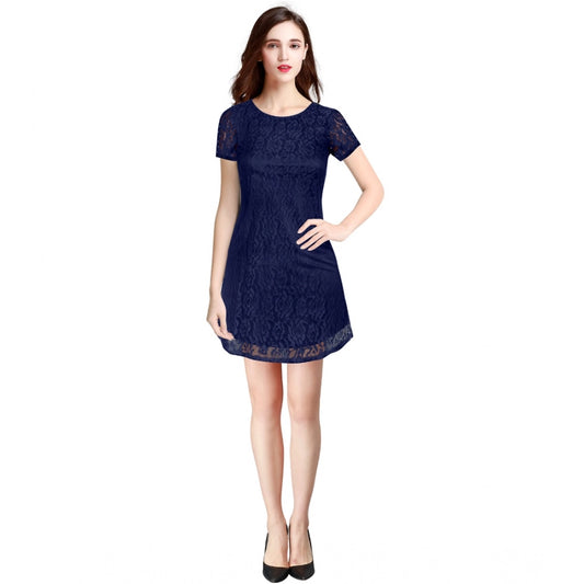 Indoraa Women's Rasal Solid Round Neck Cap Sleeve Dress (Blue)