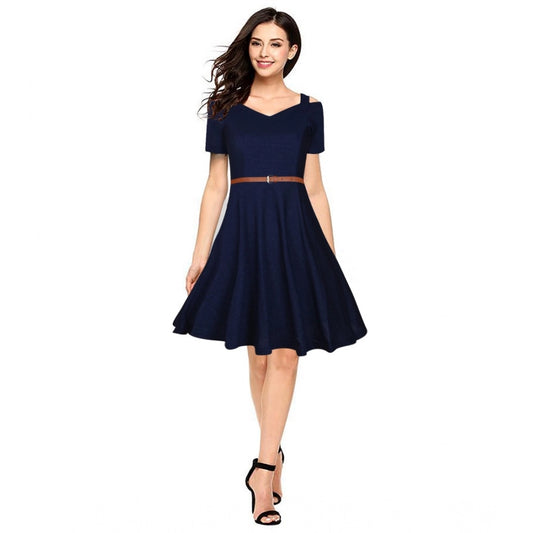 Indoraa Women's Polyester Solid V Neck Cap Sleeve Dress (Blue)