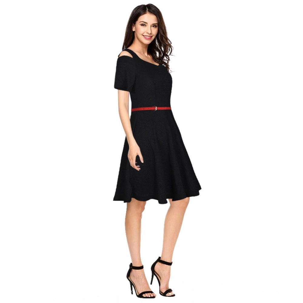 Indoraa Women's Polyester Solid V Neck Cap Sleeve Dress (Black)