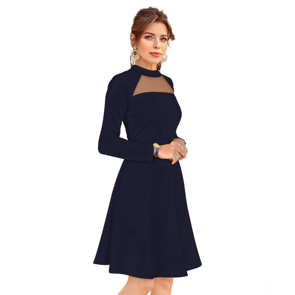 Indoraa Women's Knitting stretchable Solid Round Neck Full Sleeve Dress (Blue)