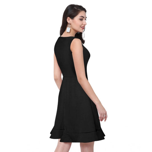 Indoraa Women's Polyester Solid Round Neck Sleeveless Dress (Black)