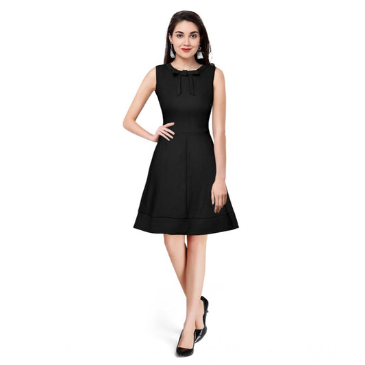 Indoraa Women's Polyester Solid Round Neck Sleeveless Dress (Black)