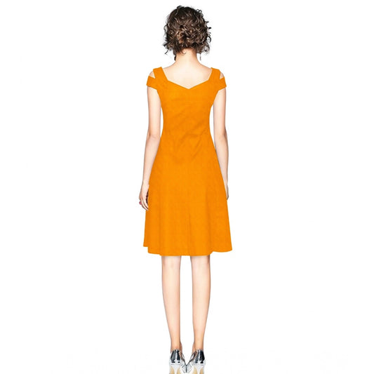 Indoraa Women's Polyester Solid V Neck Cap Sleeve off Shoulder Dress (Yellow)