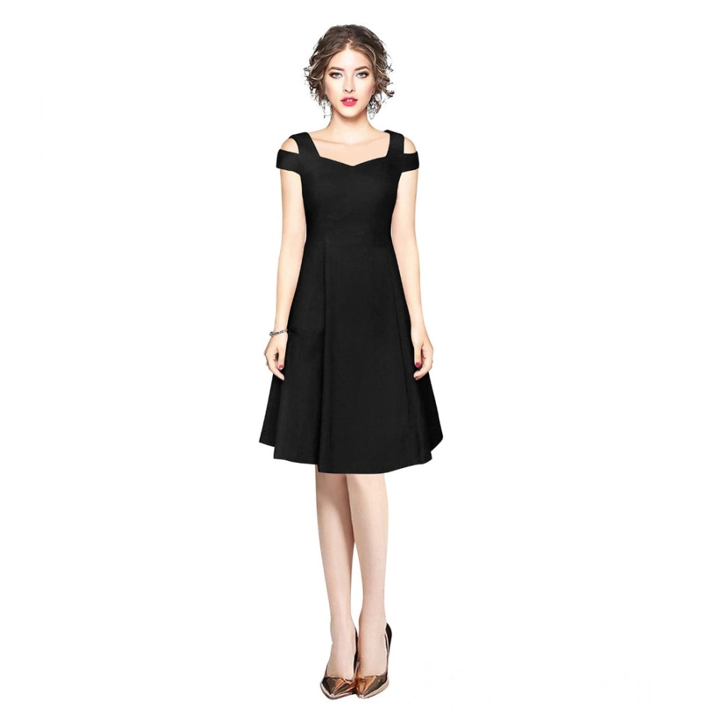 Indoraa Women's Polyester Solid V Neck Cap Sleeve off Shoulder Dress (Black)