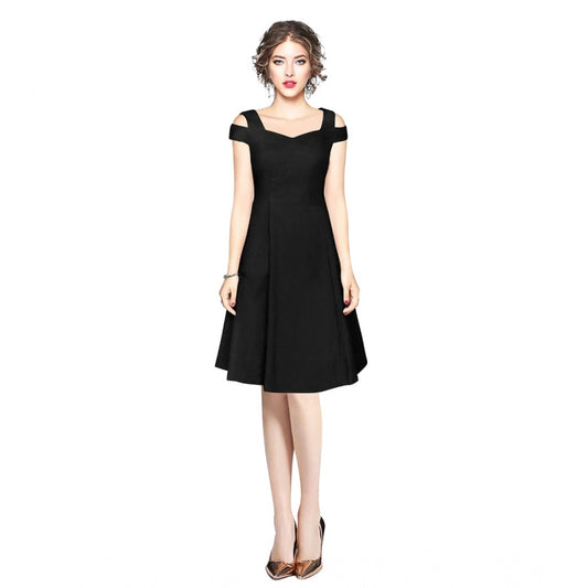 Indoraa Women's Polyester Solid V Neck Cap Sleeve off Shoulder Dress (Black)